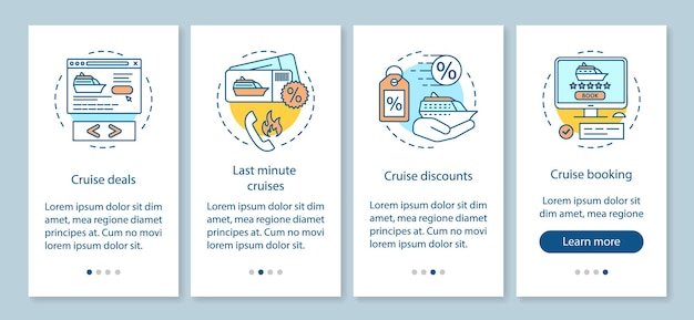 cruise deals onboarding mobile app page screen, linear concepts. last minute cruises, discounts, special offers. travel agency walkthrough steps instruction. ux, ui, gui vector template, illustrations