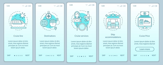 Cruise information onboarding mobile app page screen vector template. Cruise line, destinations, services. Walkthrough website steps with linear illustrations. UX, UI, GUI smartphone interface concept