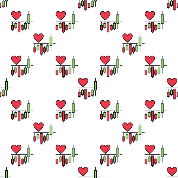 crypto chart with red heart shape vector colored seamless pattern