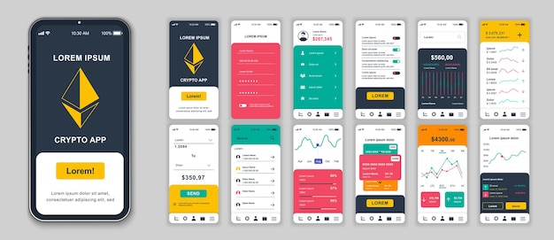 Crypto mobile app screens set for web templates Pack of login financial account monitoring balance exchange investment other mockups UI UX GUI user interface kit for layouts Vector design