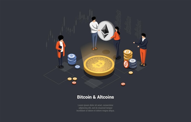 cryptocurrency bitcoin and altcoins transaction blockchain technology cryptocurrency mining digital money characters making transactions using digital wallet isometric 3d vector illustration