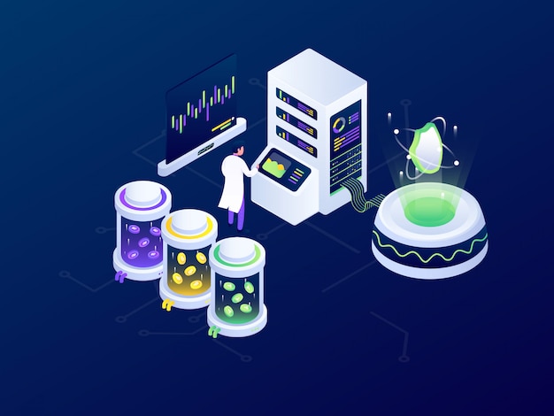 Cryptocurrency Blockchain Bitcoin Mining Futuristic Isometric Vector Illustration Design