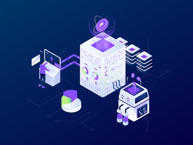 cryptocurrency blockchain bitcoin mining futuristic isometric vector illustration design