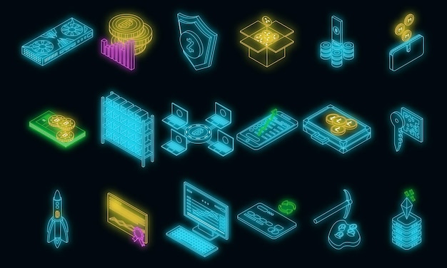 Cryptocurrency icons set vector neon