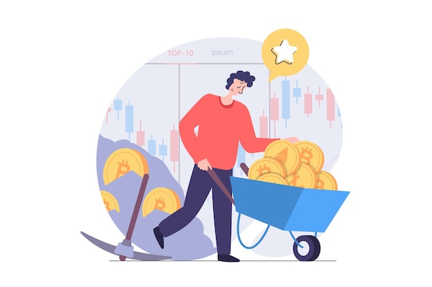 Cryptocurrency mining concept in modern flat design for web Man miner with wheelbarrow getting different crypto coins working with data at bitcoin farm and selling at stock Vector illustration