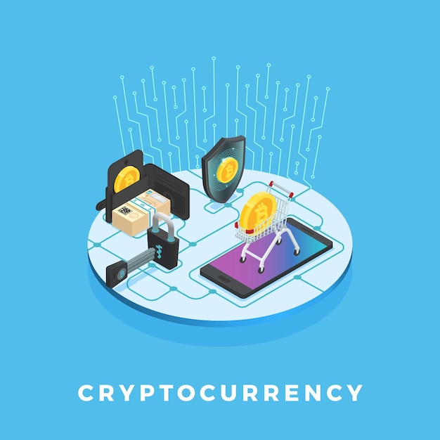 Cryptocurrency shopping cart wallet mobile phone shield and padlock are connected together on a circuit board illustrating online shopping security and secure transactions