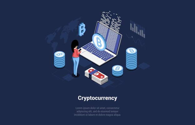 cryptocurrency vector illustration in cartoon 3d style on dark background. conceptual isometric design. business marketing, professional trading strategy, electronic money, financial operation plan