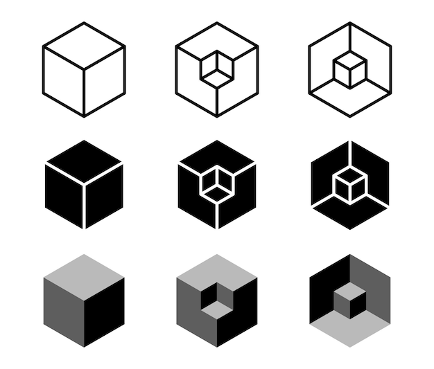 Cube isometric vector icon set 3d cube object geometric shapes Outline isometric cube symbol