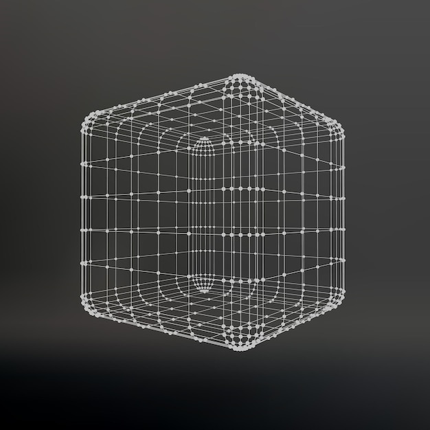 Cube of lines and dots. Cube of the lines connected to points. Molecular lattice. The structural grid of polygons. Black background. The facility is located on a black studio background