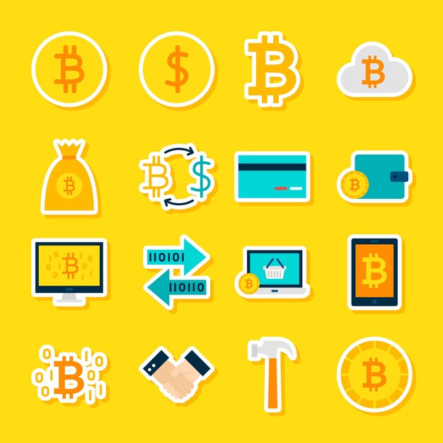Currency Bitcoin Stickers. Vector Illustration Flat Style. Collection of Financial Symbols.