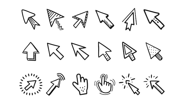 Cursor icon set Doodle click icon set Hand drawn mouse cursor Hand drawn vector illustration Iso