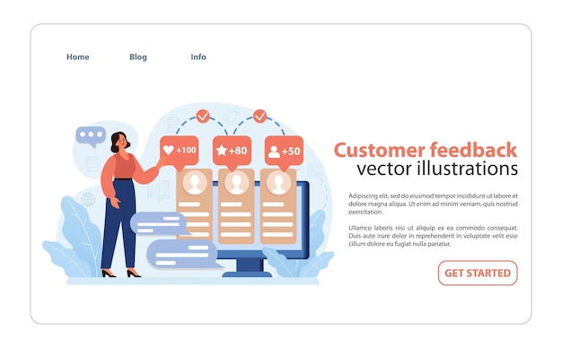 Customer feedback in consumer engagement set a visual concept of a woman analyzing customer reviews
