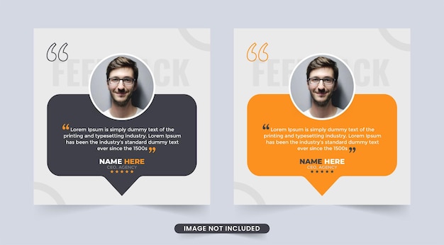 Customer feedback review or testimonial design with black and yellow color Customer service feedback template with photo placeholder vector Client testimonials with star rating section vector