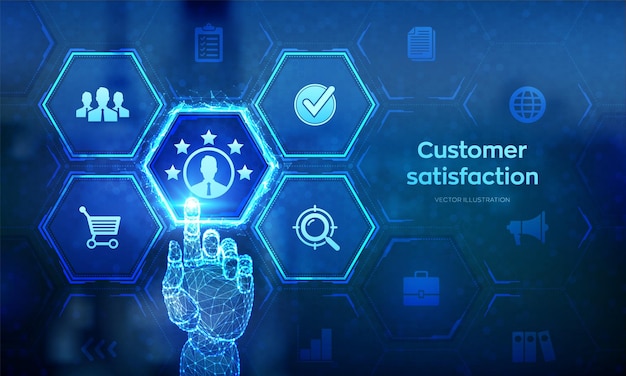 Customer satisfaction Customer survey and feedback analytics Using AI and automation technology in marketing for customer service Wireframe hand touching digital interface Vector illustration