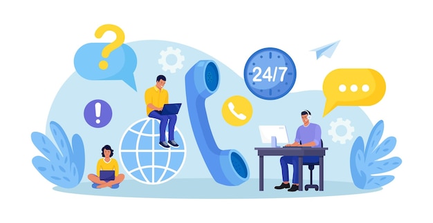 customer service agent with headsets talking with client technical global support assistance call center contact us hotline satisfaction and loyalty customers care