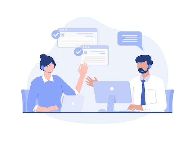 Customer service hotline operators consult customers call center Modern vector flat illustration