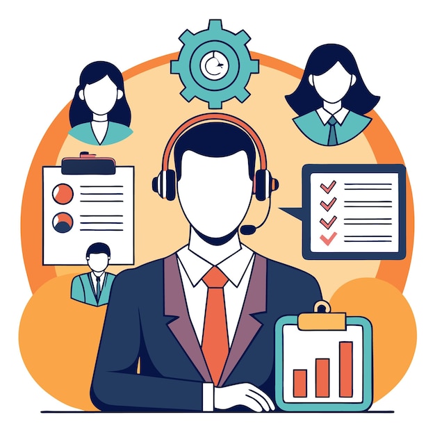 Customer service representative with a headset clipboard and checklist
