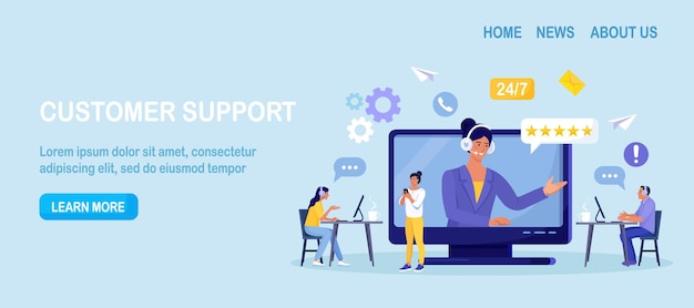 customer support contact us woman with headphones and microphone talking with clients on laptop screen personal assistant service hotline operator advises customer online global technical support