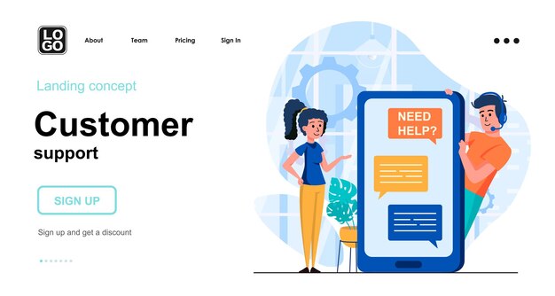 Customer support landing page template with people character