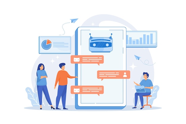 Customers chat with chatbot on smartphone screen with speech bubbles. Customer service chatbot,