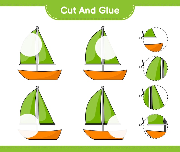 Cut and glue, cut parts of Sailboat and glue them. Educational children game, printable worksheet, vector illustration