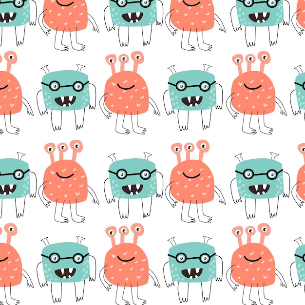 Cute baby red and blue monsters seamless pattern with doodle graphic
