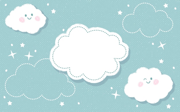 Cute background of a blue sky with smiling clouds and stars with white space for text