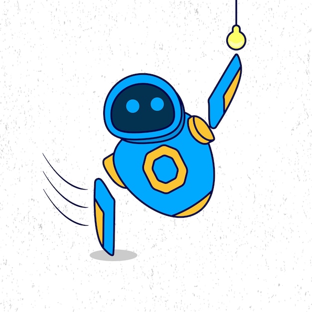 Cute blue robot reach for the lamp cartoon vector icon illustration