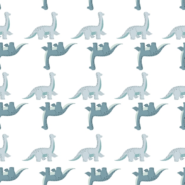 Cute brachiosaurus seamless pattern. Funny children dinosaur sketch. Repeated texture in doodle style for fabric, wrapping paper, wallpaper, tissue. Vector illustration.