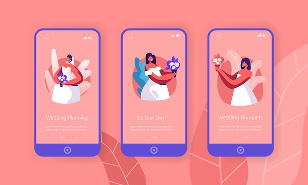 Cute Bride Hold Bouquet Mobile App Page Onboard Screen Set.