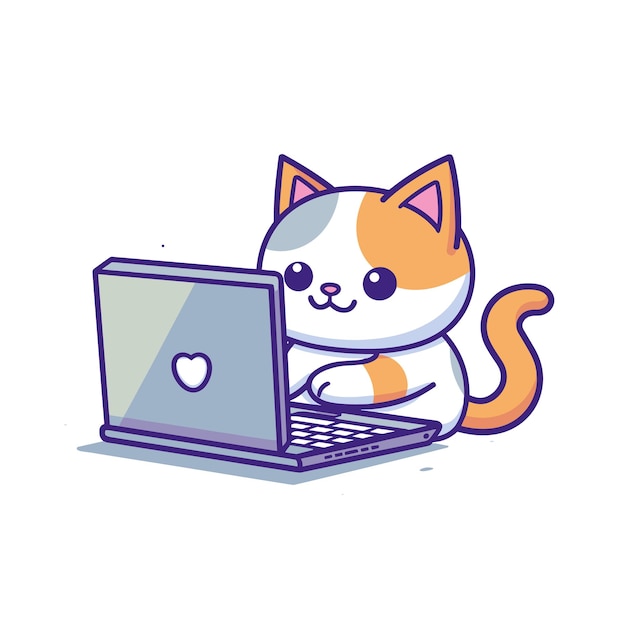Cute cartoon cat typing laptop cheerful feline working computer Adorable kitten uses technology
