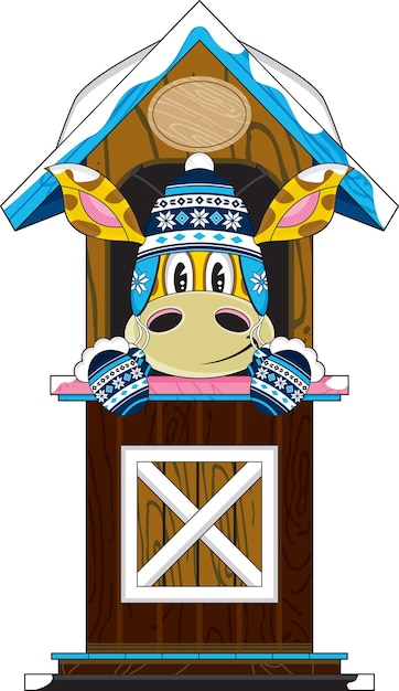 Cute Cartoon Giraffe Character Wearing Wooly Hat and Mittens in Hut
