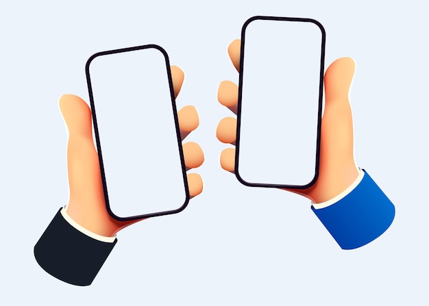 Cute cartoon hands holding mobile smart phone modern mockup