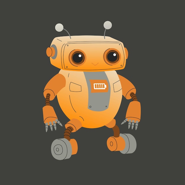Cute cartoon robot with big eyes on wheels Friendly artificial intelligence ready to help a person Vector illustration isolated on a dark background