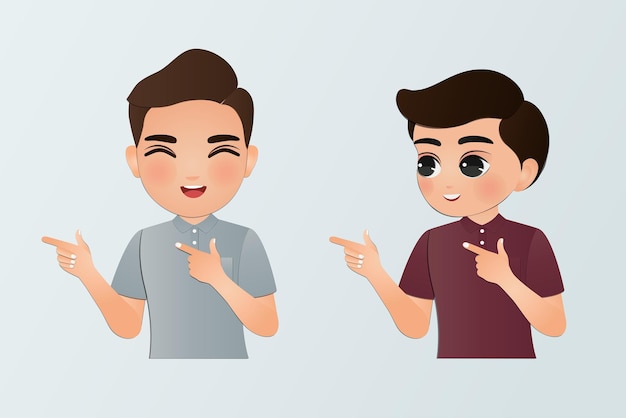 cute cartoon young man smiling to while presenting with hand and pointing with finger