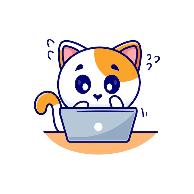 cute cat character on laptop illustration emotes sticker element collection isolated