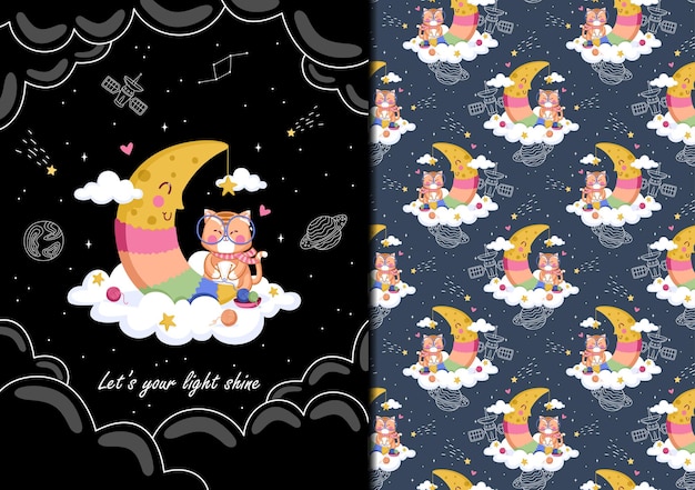 Cute cat knits a sweater for the moon pattern