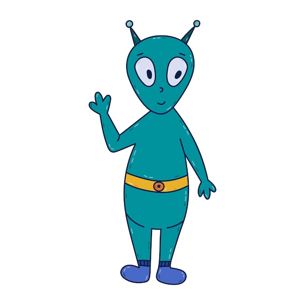 cute colorful doodle of green alien smiling and waving hello friendly extraterrestrial monster