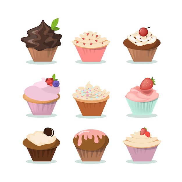 Cute cupcakes set on white background Vanilla and chocolate with berries and icing