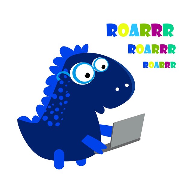 Cute dinosaur with computer laptop vector illustration
