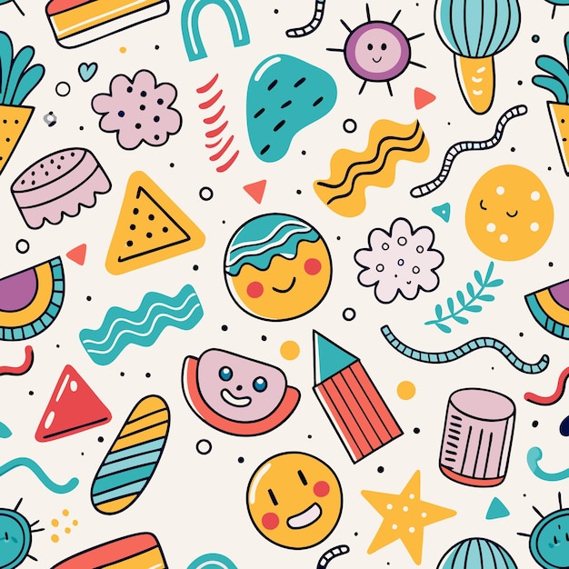 Cute Doodle Pattern with Smiling Faces Shapes and Stars