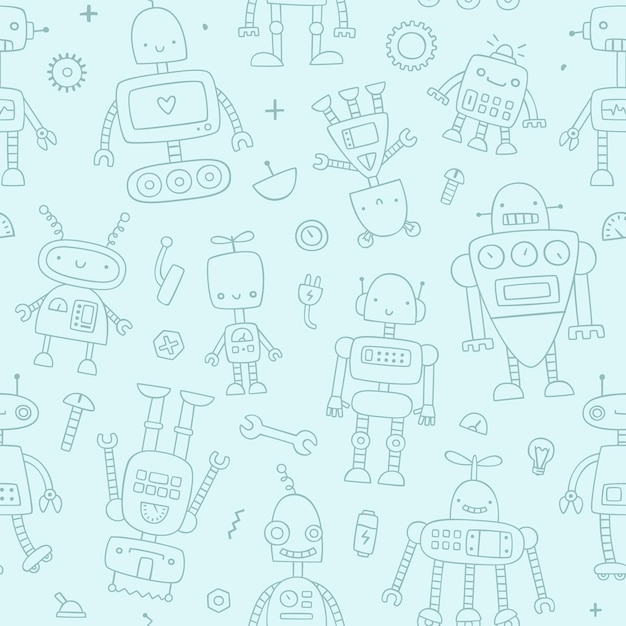 Cute doodle robots pattern paper Hand drawn outline seamless vector print for kids