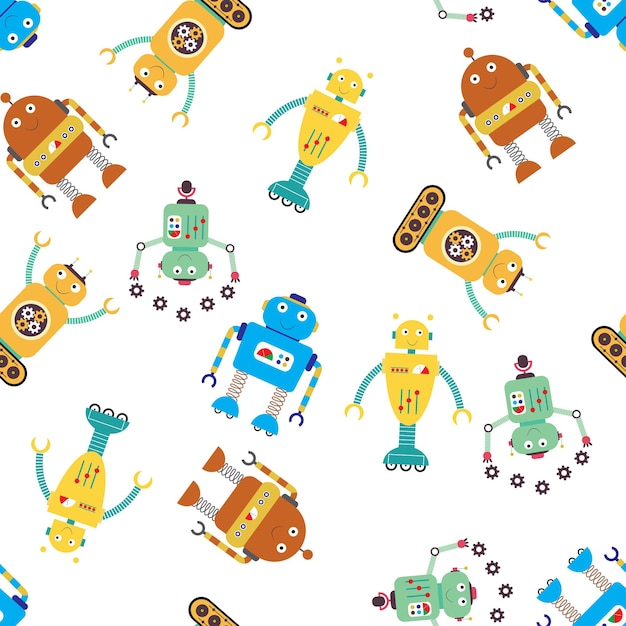 Cute funny robots seamless pattern cartoon vector illustration