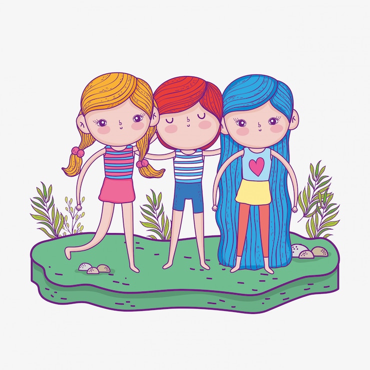 Vektori cute girls and boy with hairstyle and plants