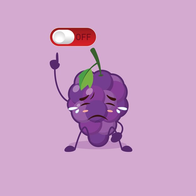cute grape character sitting sadly while pointing up at the off button