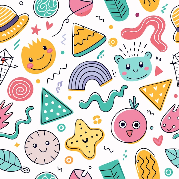 Cute Hand Drawn Doodle Seamless Pattern with Rainbow Sun and Stars