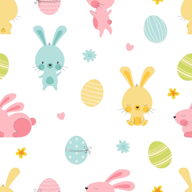 cute hand drawn easter bunnies and eggs pattern, easter doodle background, great for textiles, banne