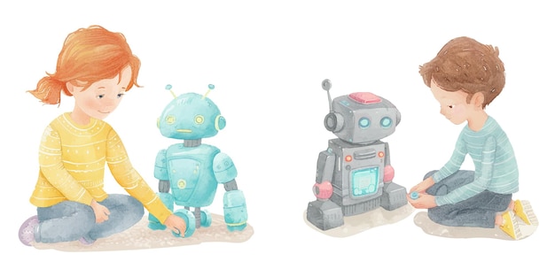 cute kid playing robot toy watercolour vector illustration 18