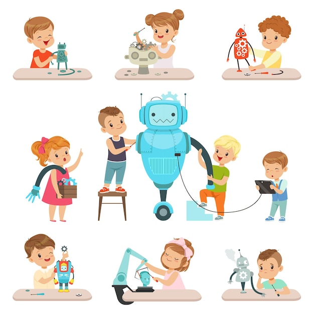 cute little kids programming and creating smart robots set educational project concept for children vector illustrations isolated on a white background