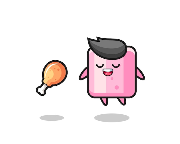 Cute marshmallow floating and tempted because of fried chicken